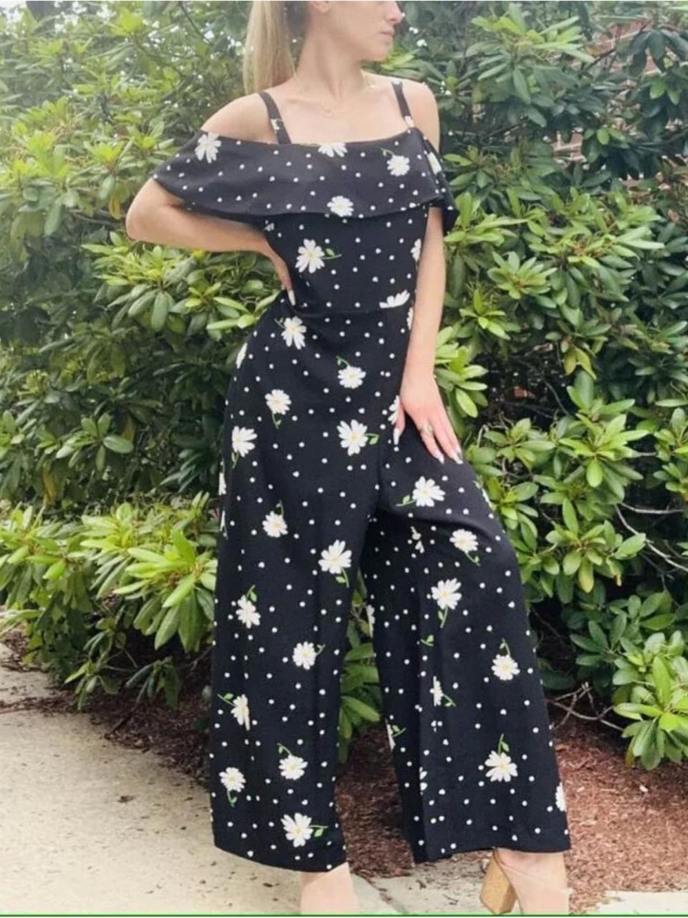 Karl Lagerfeld Black Daisy Print Off-Shoulder Jumpsuit